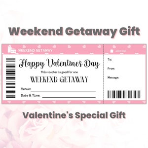 Personalized Valentines Day Weekend Getaway Ticket Gift Certificate Template Editable, Vacation Surprise Trip Voucher Gift Card