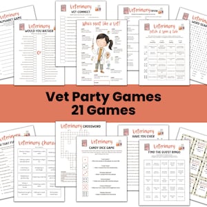 May include: A collection of printable veterinary-themed party games, including trivia, bingo, and word searches. The games feature colorful graphics and text, with the title "Vet Party Games 21 Games" prominently displayed.