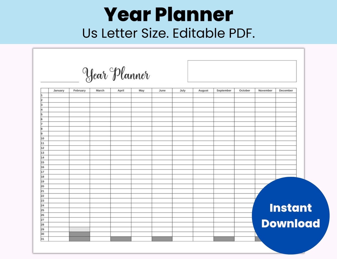 Annual Planner, Yearly Planner Printable, Year at A Glance, Editable ...