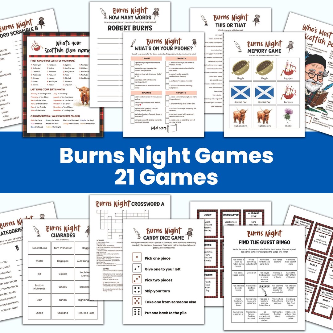 Burns Night Game Bundle, Burns Supper, Scottish Party, Family Game ...