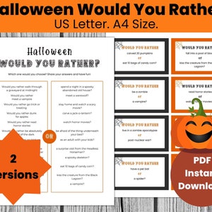 ¿Preferirías un juego de fiesta de Halloween para niños, ideas de juegos de Halloween, juego de cartas imprimibles de Halloween, juego de aula de Halloween?