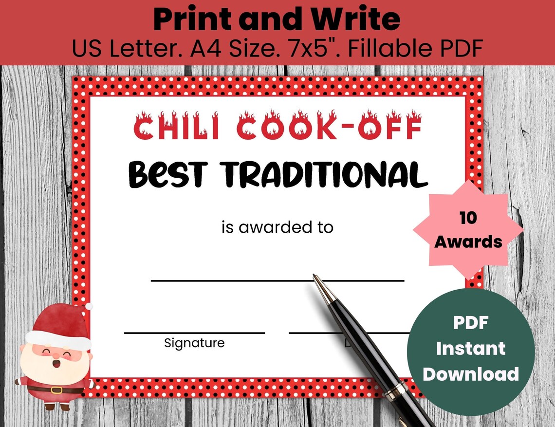 Chili Cook off Award Certificates Template Editable, Cookoff Contest