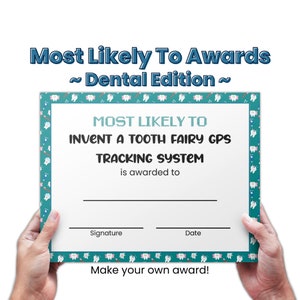Most Likely To Award Certificates for Dental Office Party Games, Dental School Graduation Party Superlative Award Template