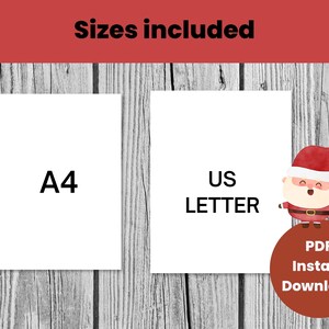 May include: Two white paper sheets with the text "A4" and "US LETTER" printed on them. A cartoon Santa Claus with a red hat and white beard is in the lower right corner of the image. The text "PDF Instant Download" is printed on a red circle.