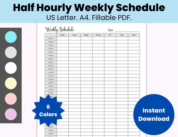 Half Hour Schedule, Half Hour Weekly Planner PDF, Editable Weekly Checklist Printable, Weekly To Do List Template, Weekly Work Schedule