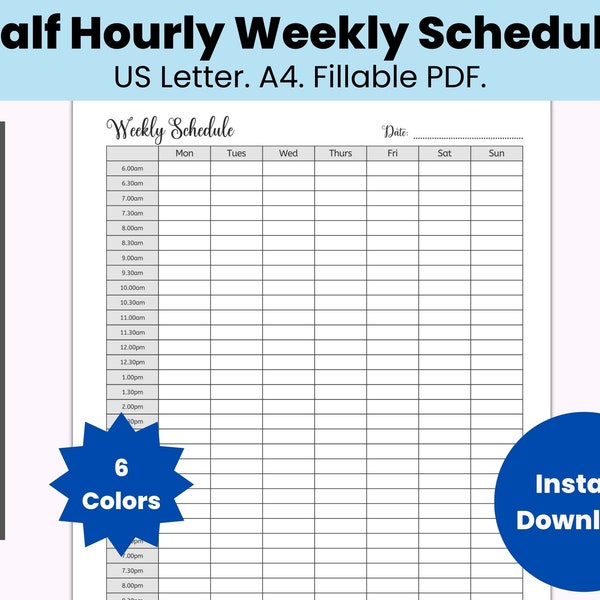 Half Hour Schedule, Half Hour Weekly Planner PDF, Editable Weekly Checklist Printable, Weekly To Do List Template, Weekly Work Schedule