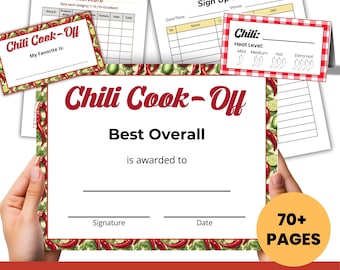 Chli Cook Off-wedstrijdkit, chili cookoff-stembiljet, prijs, bord, chili-scorekaart, chili-recept, chili-potnummers, aanmeldformulier, evenementenplanner