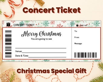 Puede incluir: Una plantilla de boleto de concierto de Navidad imprimible con un patrón de copo de nieve rojo y verde. El boleto dice "Feliz Navidad" y "Vas a ver". Hay líneas en blanco para el lugar, la fecha y la hora, para, de y mensaje.