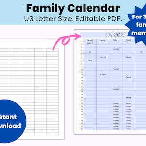 Custom Family Calendar, Editable Family Planner Printable, Family Organizer, Family Schedule, Blank Monthly Calendar, Household Organizer