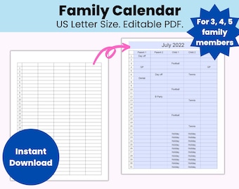 Calendario familiar personalizado, Planificador familiar editable imprimible, Organizador familiar, Horario familiar, Calendario mensual en blanco, Organizador doméstico