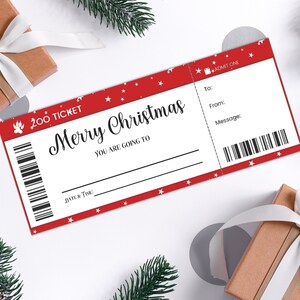 Entrada personalizada al zoológico de Navidad, regalos del zoológico para niños, tarjeta de regalo de vale de viaje sorpresa al zoológico, plantilla de certificado de regalo de Navidad de último minuto
