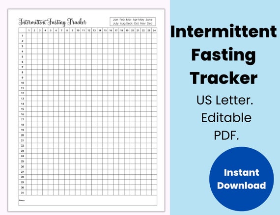 Intermittent Fasting Monthly Tracker, Fasting Tracker Printable Planner, Health and Wellness Planner for Weight Loss Plan, Editable Time