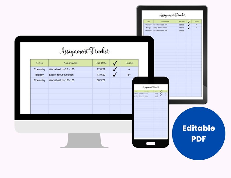 Puede incluir: Un rastreador de tareas digital con un fondo azul claro y encabezados verdes. El rastreador tiene columnas para la clase, la tarea, la fecha de vencimiento y la calificaci&oacute;n. El rastreador se muestra en una pantalla de computadora, una tableta y un tel&eacute;fono inteligente.