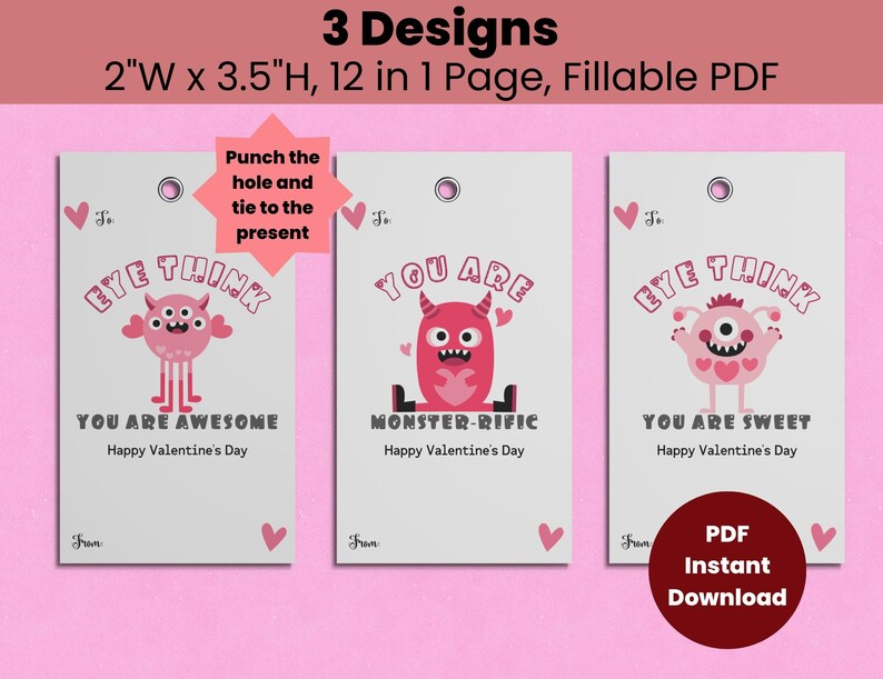 Monster Valentine Gift Tags, Class Valentines Treat Bag Tags ...