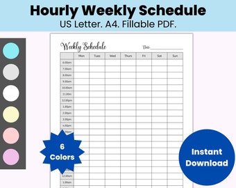 Hourly Weekly Schedule Printable, Editable Weekly Checklist, Weekly Planner PDF, Weekly To Do List Template, Weekly Work Schedule By Hour