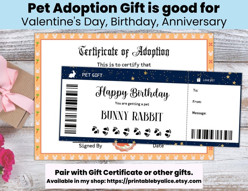 Bunny Rabbit Adoption Certificate, Custom Editable Certificate Template ...