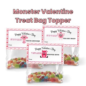 Monster Valentine Bag Topper, Valentines Party Favor Bag Topper, Class Valentines Treat Bag Topper, Preschool Valentines Cookie Bag Topper