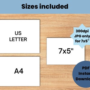 May include: Image showing the different sizes included in this digital download: US Letter, A4, and 7x5 inches. The 7x5 inch size is available in 300 dpi JPG format only. All sizes are available as an instant PDF download.