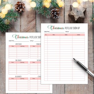 May include: Printable Christmas potluck sign up sheet with sections for starters, side dishes, desserts, drinks, and other. The sheet has a festive red and green colour scheme.