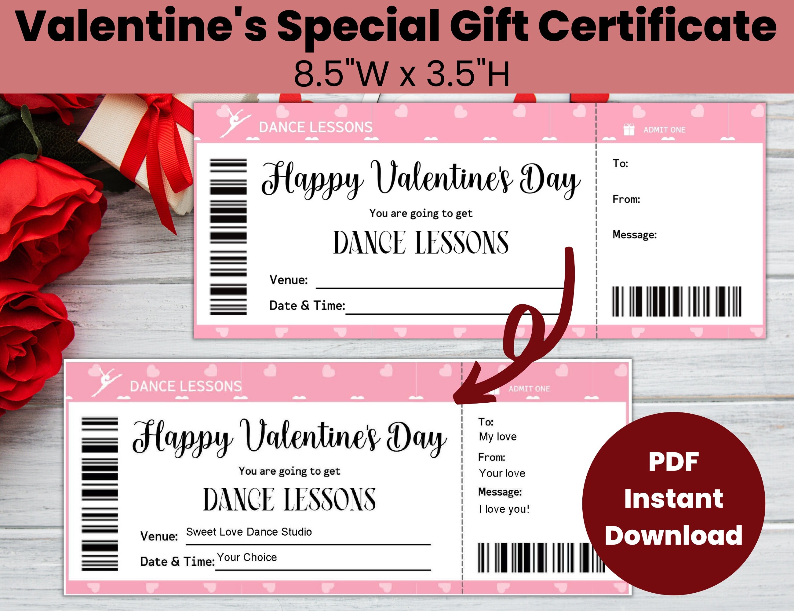 Personalized Valentines Day Dance Lesson Gift Certificate Template  Editable, Dance Lover Gift Voucher for Women, Valentines Coupons for Her 