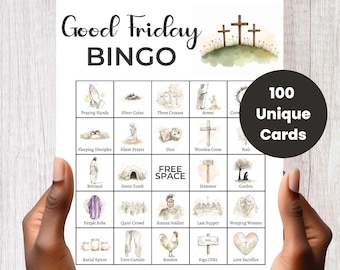 Goede Vrijdag Bingo 100-kaarten, activiteiten tijdens de Goede Week, op geloof gebaseerd kerkspel, religieus bingospel, zondagsschoolspel in de katholieke klas