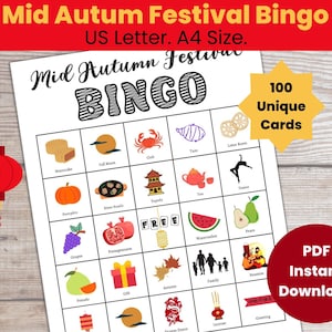 Jogo de bingo do Mid Autumn Festival para crianças, presente do Festival da Lua para a família, jogos de reunião de família, cartões de bingo para impressão, atividades em sala de aula