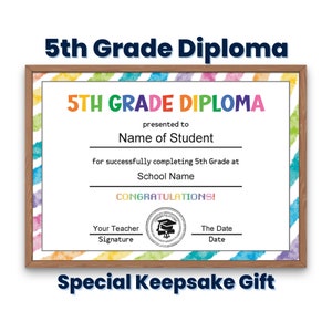 Fünfte Klasse Diplom Zertifikat Vorlage, individuell druckbare 5. Grad Abschlussdiplom für Kinder, Abschluss Andenken, Homeschool Diplom