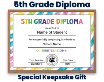 Fifth Grade Diploma Certificate Template, Custom Printable 5th Grade Graduation Diploma for Kids, Graduation Keepsake, Homeschool Diploma