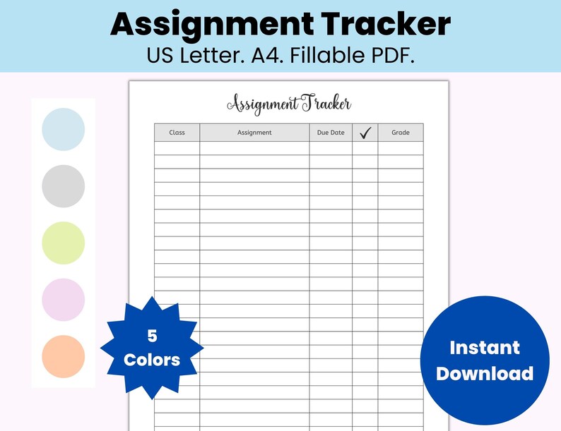 Puede incluir: Un rastreador de tareas imprimible con columnas para clase, tarea, fecha de vencimiento, marca de verificaci&oacute;n y calificaci&oacute;n. El rastreador est&aacute; disponible en cinco colores y es una descarga instant&aacute;nea.