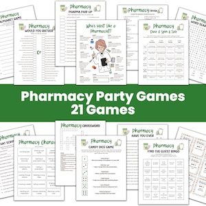 Puede incluir: Una colección de 21 juegos de fiesta con temática de farmacia, impresos en papel blanco. Los juegos incluyen trivial, búsquedas de palabras, bingo y charadas. El título "Pharmacy Party Games" se muestra en letras grandes y verdes.