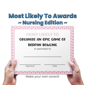 Most Likely To Award Certificates for Nursing School Graduation Game, Nursing Graduation Party Superlative Award Template