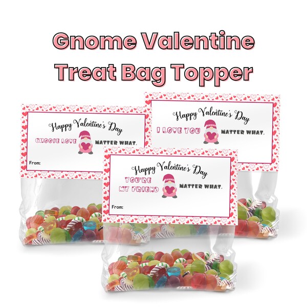 Gnome Valentine Bag Topper, Valentines Party Favor Bag Topper, Classroom Valentines Treat Bag Topper, Preschool Valentines Goody Bag Topper