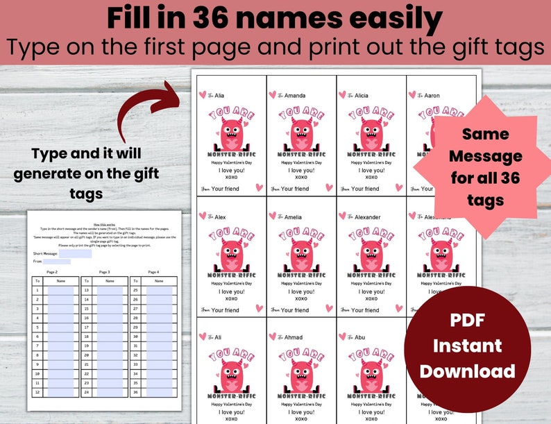 Monster Valentine Gift Tags, Class Valentines Treat Bag Tags ...