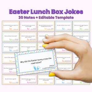 May include: A set of 30 printable Easter-themed joke cards with a colourful pastel design. The cards feature bunny ears and eggs. The text on the cards reads "Why did the Easter bunny cross the road twice? To prove he wasn't chicken."