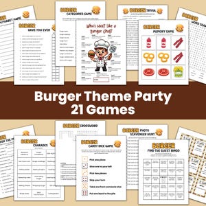 Burger Party Games Bundle, Burger Theme Backyard BBQ Games, Fastfood Party, Burger Day Ideas, Summer Party, Garden Party, Patio Party Games