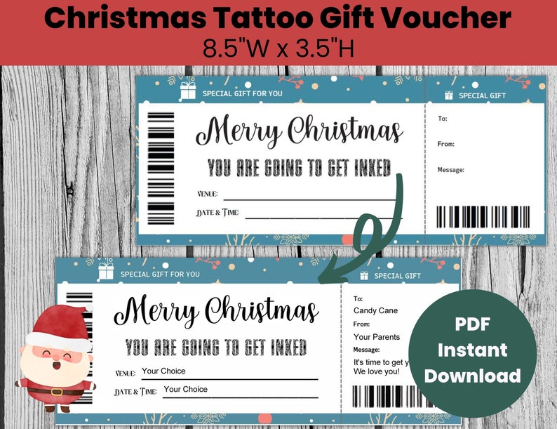 Personalized Christmas Tattoo Voucher Ticket Template Editable, Get