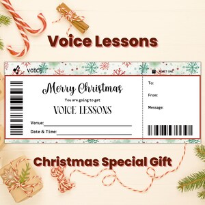 Op de afbeelding: Een afdrukbaar kerstcadeau-bon voor zangles. De bon is versierd met een rood en groen sneeuwvlokkenpatroon. De tekst op de bon luidt "Merry Christmas Je krijgt ZANGLES".