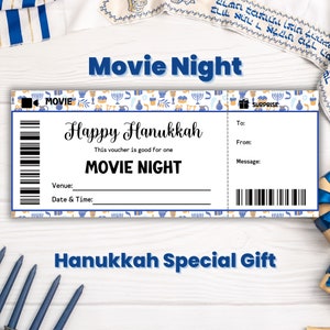 May include: A printable gift certificate for a movie night with a blue and gold Hanukkah theme. The text reads "Happy Hanukkah" and "This voucher is good for one MOVIE NIGHT".