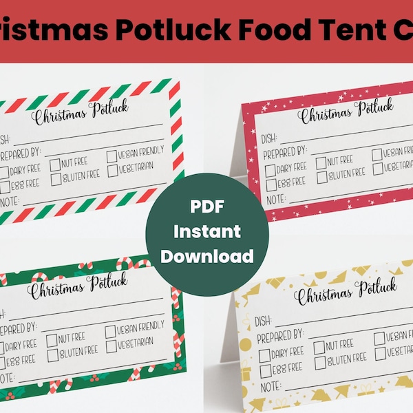 Weihnachts-Potluck-Lebensmittel-Zelt-Karte, Potluck-Lebensmittelallergie-Karte, Feiertags-Potluck-Lebensmitteletiketten, Büro-Potluck-Lebensmittelschild-Etikett, bearbeitbare Vorlage