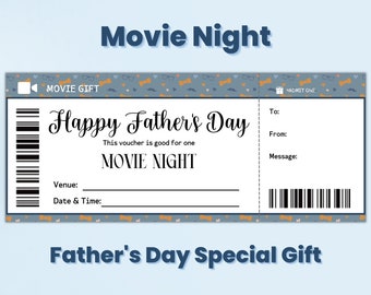 Father&#39;s Day Movie Night Gift Coupon Template, Movie Night Ticket, Movie Lover Gift For Stepdad, Meaningful Dad Gift From Kids