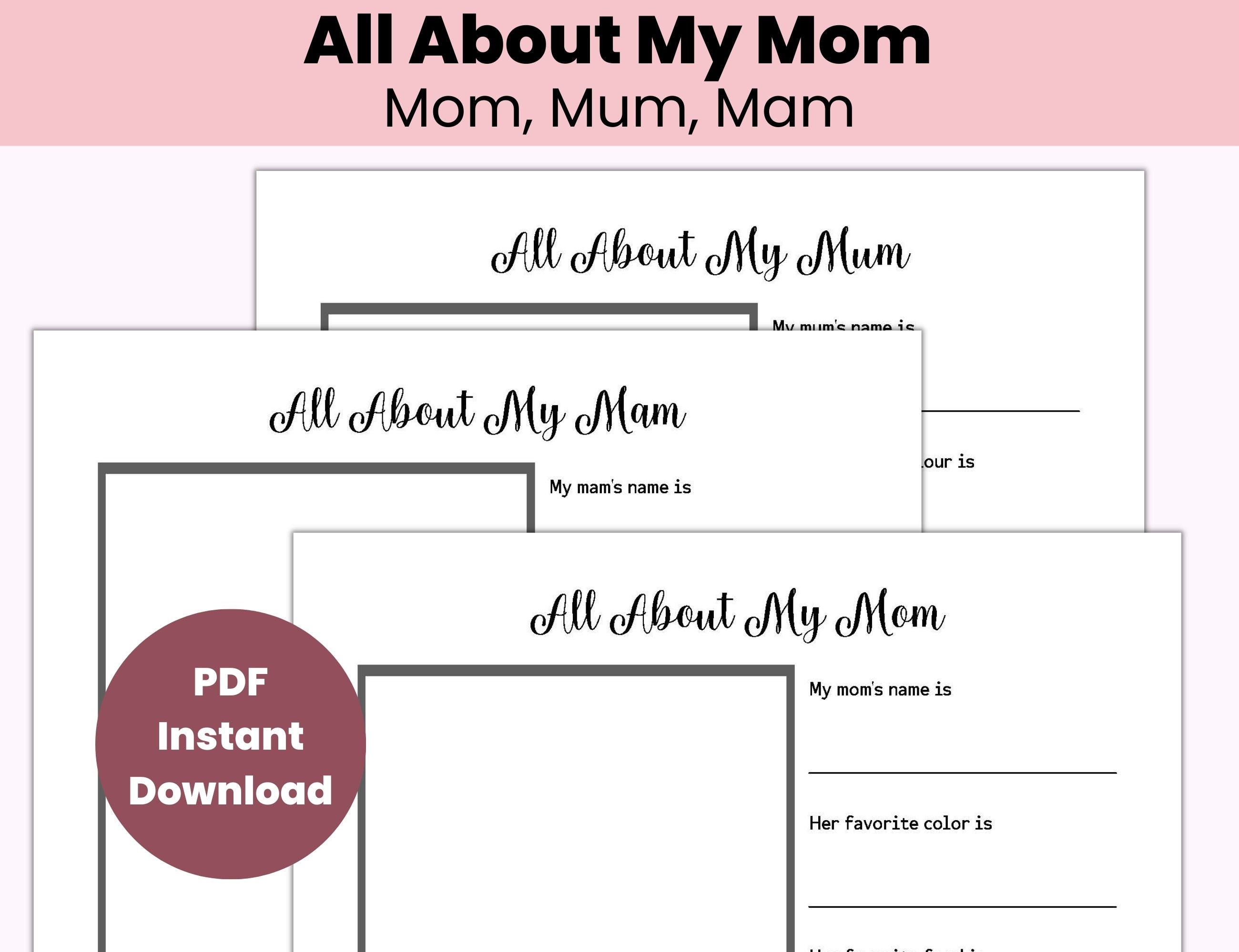 All About My Mom Printable, All About My Mum, Mom Questionnaire, Custom ...