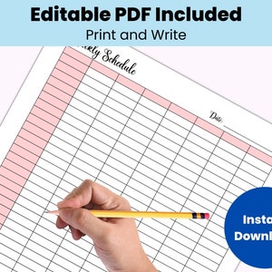 May include: Printable weekly schedule planner with a pink and white color scheme. The planner has a section for the date and a large grid for writing in appointments and tasks. The text "Weekly Schedule" is written at the top of the page.  The words "Editable PDF Included" and "Print and Write" are written at the top of the page.