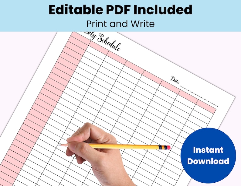 May include: Printable weekly schedule planner with a pink and white color scheme. The planner has a section for the date and a large grid for writing in appointments and tasks. The text "Weekly Schedule" is written at the top of the page.  The words "Editable PDF Included" and "Print and Write" are written at the top of the page.