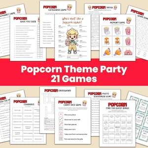 Popcorn Theme Party Games Bundle, Popcorn Movie Night Birthday Party, Popcorn and Pajama Party, Party Bus Party Game, Carnival, Circus Party