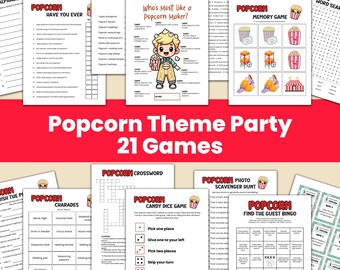 Popcorn Thema Party Games Bundel, Popcorn Movie Night Verjaardagsfeestje, Popcorn- en Pyjamafeest, Partybus Party Game, Carnaval, Circusfeest