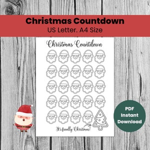Christmas Countdown Calendar, Printable Santa Countdown to Christmas, Christmas Countdown Printable, Christmas Activity