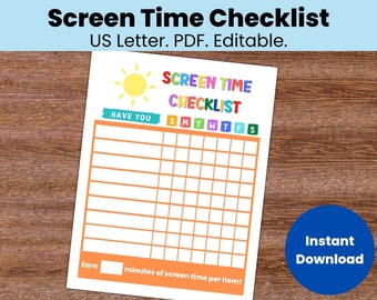 Summer Screen Time Checklist, Children Chore Chart Printable, Kids Chore Chart Editable, Kids Screen Time Reward Chart