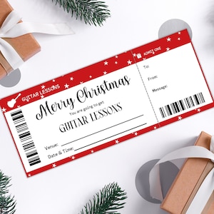 Gepersonaliseerde kerstgitaarlessen cadeaubonsjabloon, afdrukbare kerstverrassingsbon voor vriend, muziekliefhebbers