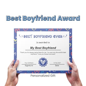 Best Boyfriend Ever Award Certificate, Personalized Love Certificate Gift For Boyfriend, Appreciation Gift for Valentine&#39;s Day, Birthday