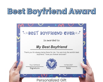 Best Boyfriend Ever Award Certificate, Personalized Love Certificate Gift For Boyfriend, Appreciation Gift for Valentine&#39;s Day, Birthday